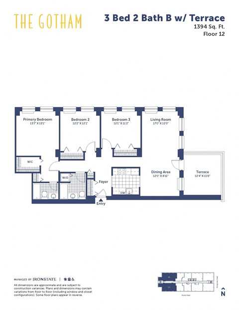 Floor plan for 3 beds, 2 baths, 1394 sqft